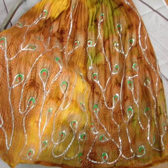 Brown Green Orange Yellow Sequin Peacock Skirt - Picture 15 of 16